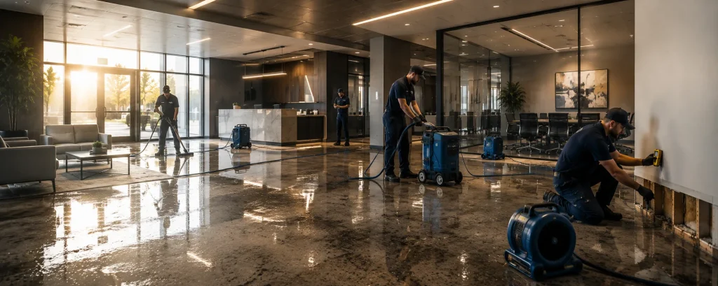 Technician drying carpet in an open office