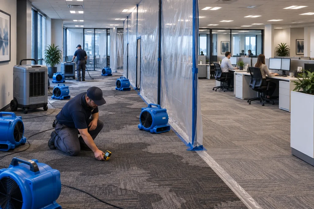 Office water damage repair crew in a conference area