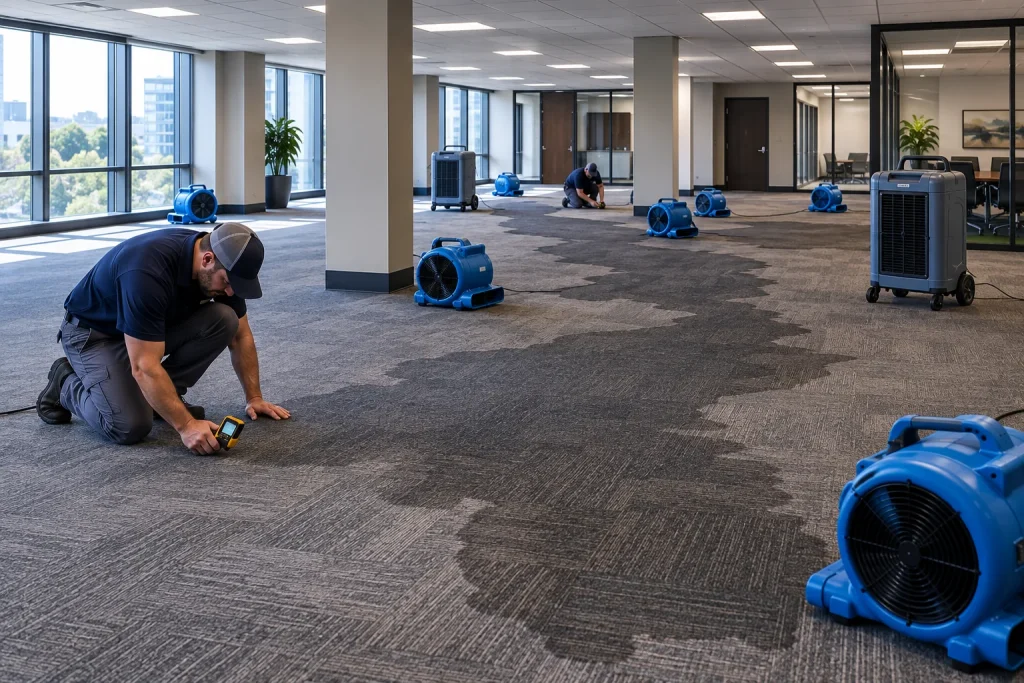 Retail water damage restoration in a store with drying equipment
