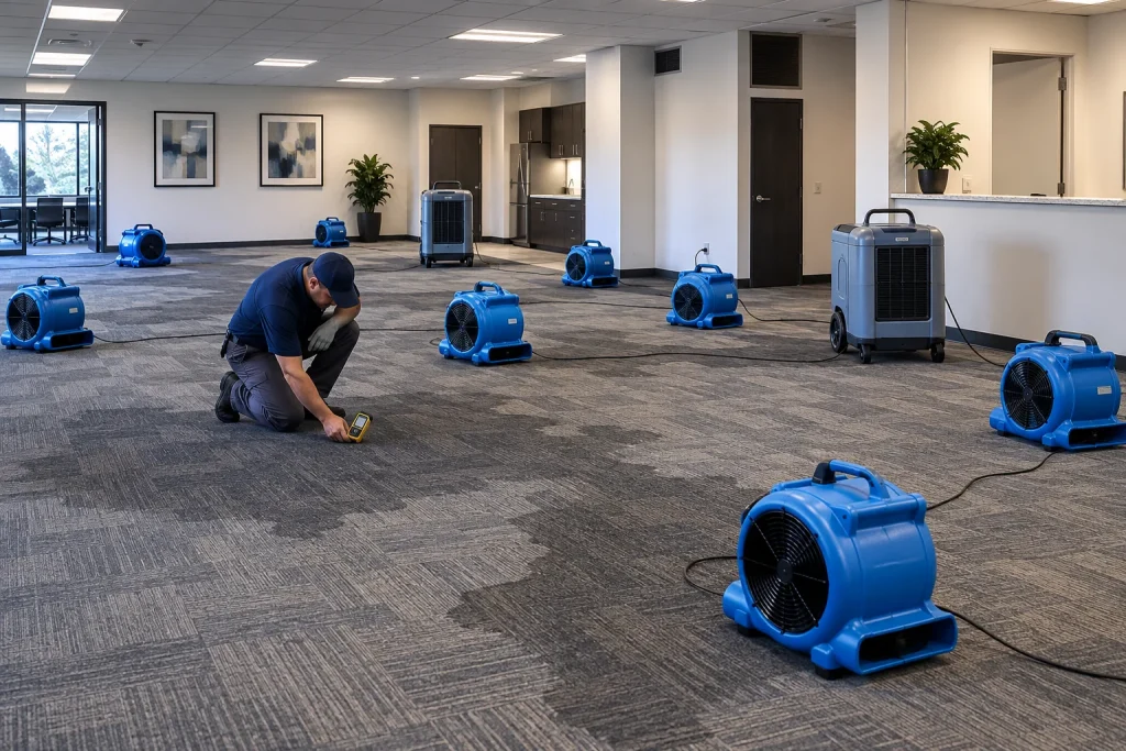 Retail water damage restoration crew working after hours