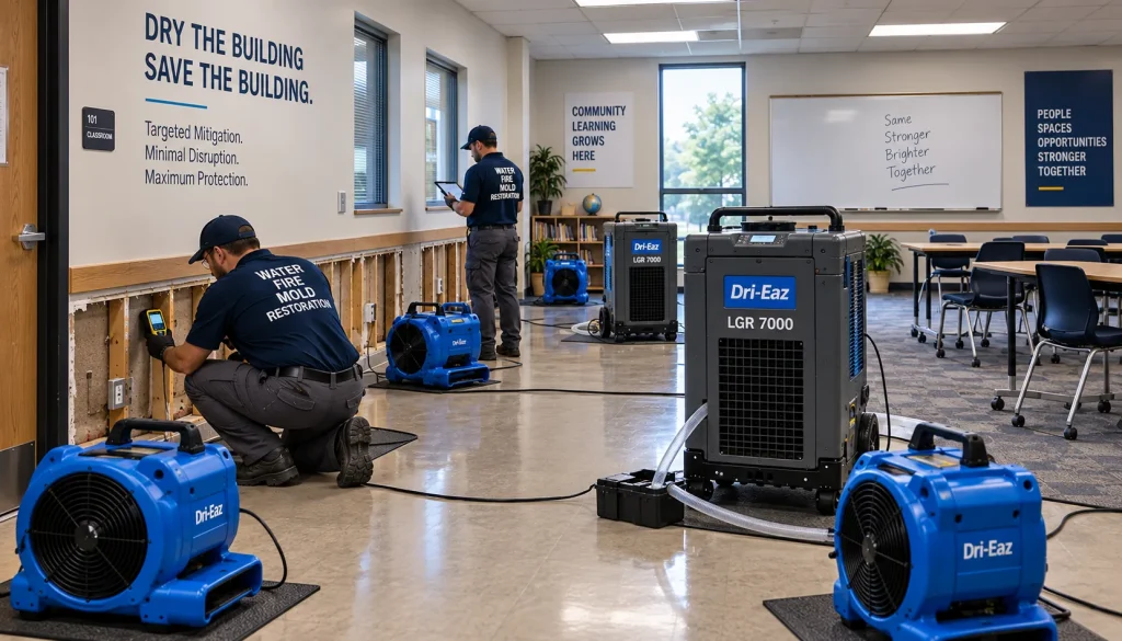 Commercial water damage restoration crew extracting water from an office floor