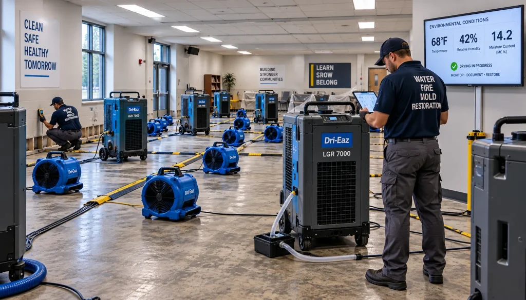 Commercial water damage restoration drying equipment in a business space