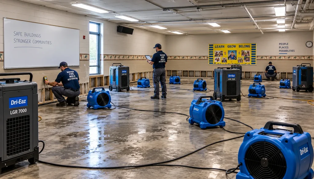 Commercial water damage cleanup technician removing standing water