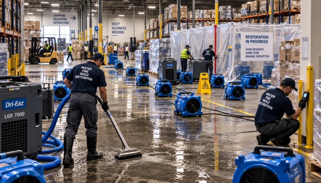 Commercial water damage cleanup with air movers in place