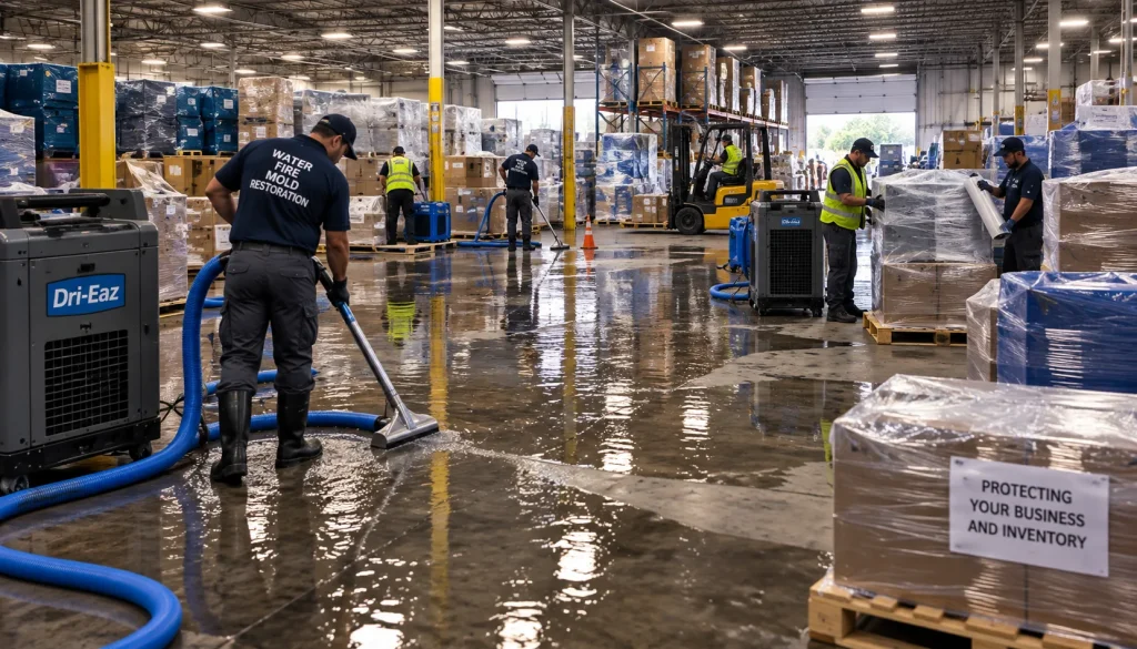 Commercial building water damage repair drying in progress