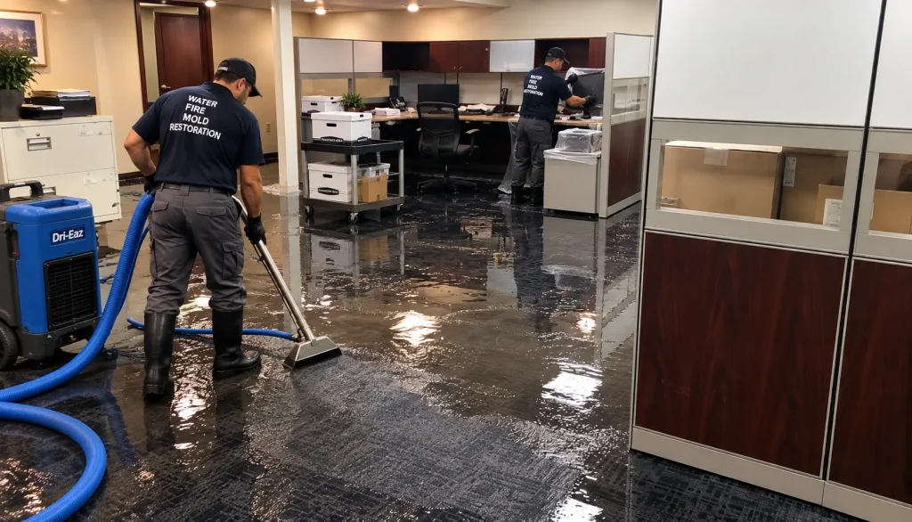 Industrial water remediation team cleaning a plant floor