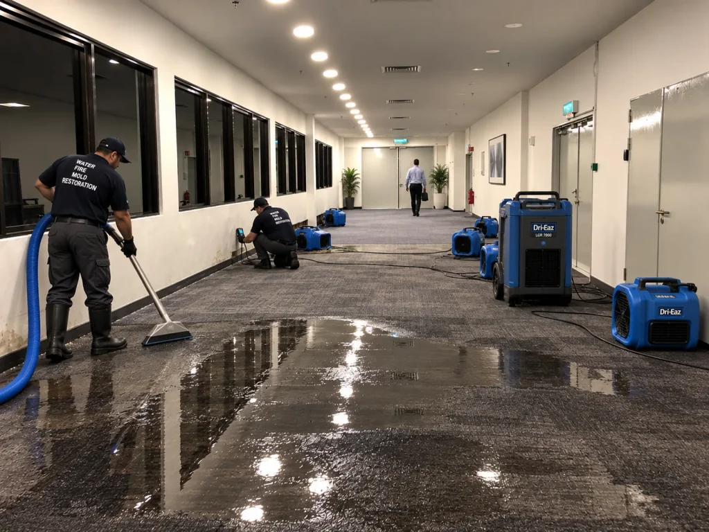 Commercial storm damage restoration crew drying a flooded office