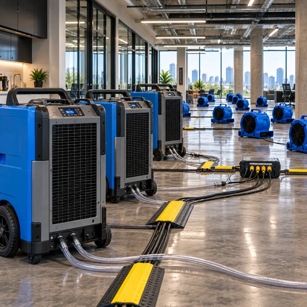 Air movers drying a commercial hallway