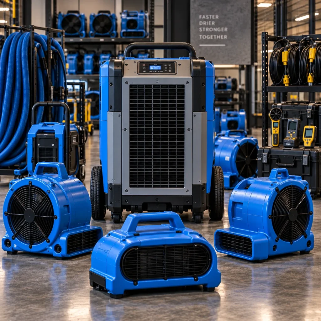 Warehouse water damage repair with air movers on the floor